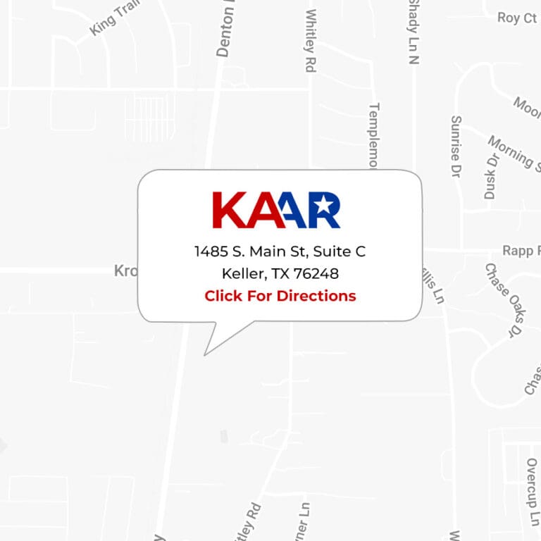 Map with a pin at 1485 S. Main St, Suite C, Keller, TX 76248 and the KAAR logo above the address. The map shows surrounding streets in Keller, Texas. Text reads “Click For Directions.”.