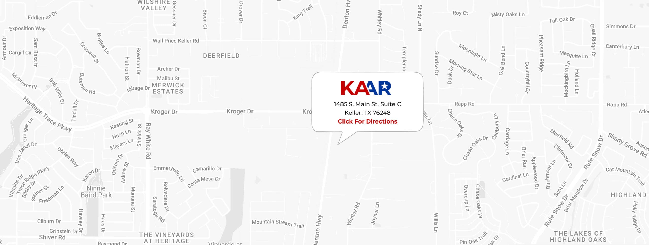 Map showing the location of KAR at 1485 S. Main St, Suite C, Keller, TX 76248, with a marker and Click For Directions text in a pop-up box. Surrounding roads and neighborhoods are labeled.
